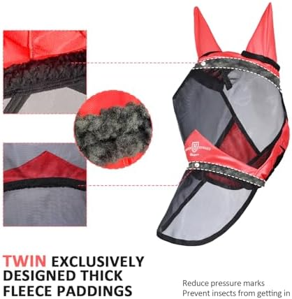 Harrison Howard Pro Luminous Horse Full Face Fly Mask Large Eye Space Long Nose with Ears UV Protection for Horse Coral Orange M