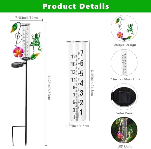 Solar Rain Gauge Outdoor - 7-Inch Glass Tube