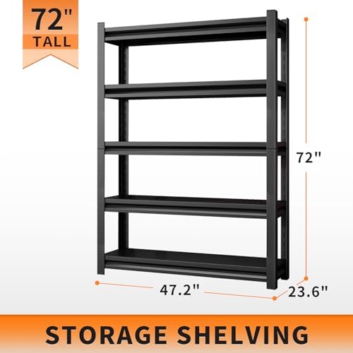 72"H Garage Shelving Units 5-Tier Adjustable Storage Shelves 2500LBS Heavy Duty Metal Shelves Utility Industrial Shelving Rack for Garage Warehouse Pantry Basement,Black (23.6"D×47.2"W×72"H)