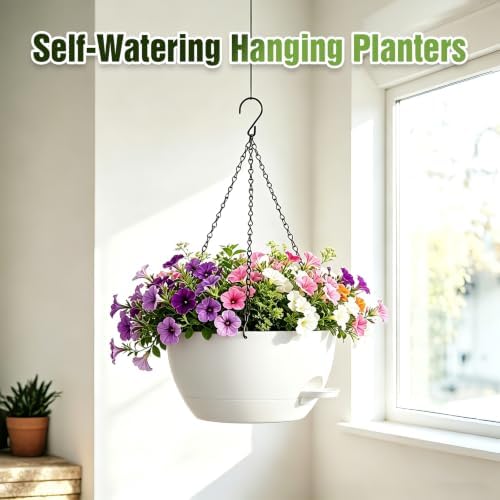 13 Inch Large Self Watering Hanging Planters 2 Pack with Saucers