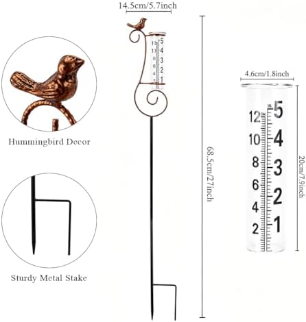Hummingbird Rain Gauge Outdoor, 7 Inch Tube Metal Rain Gauge