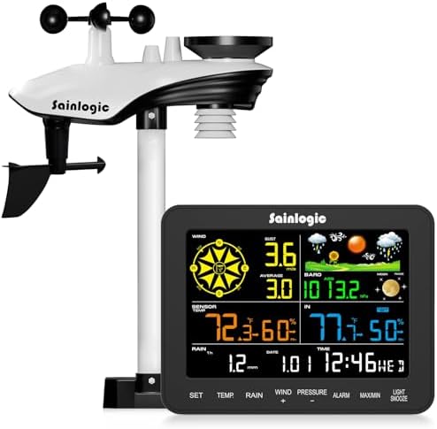 Sainlogic 12-in-1 Weather Station Wireless SA6, Weather Station with Rain Gauge, Wind Speed, Weather Forecast, Air Pressure, Humidity, Alarm Clock(No WiFi)