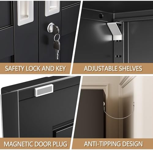 74" H Metal Pantry Storage Locker Cabinet with Wheels,Rolling Kitchen Pantry Cabinet with 2 Doors and 5 Adjustable Shelves, Lockable Steel Garage Tool Cabinet Organization for Home,Gym,School,Black