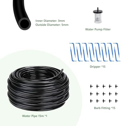 Solar Drip Irrigation Kit Accessories, 49FT Tubing, 15 Drippers