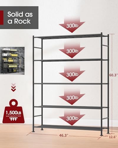 Sakugi Storage Shelves - 5 Tier Shelf Organizer, Heavy Duty Garage Shelving Unit with Leveling Feet, Stable Metal Shelves Organizer for Pantry, Kitchen and Closet, 46.3" W x 12.6" D x 60.3" H, Black