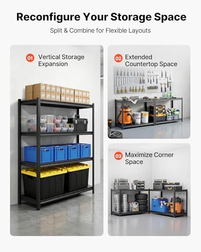 VEVOR Storage Shelves, 4-Tier Adjustable, 2400 lbs Capacity, Heavy Duty Garage Storage Shelving Unit, Metal Utility Rack Shelf, for Garage Workshop Warehouse Basement, 40.55" W x 20.55" D x 60.2" H