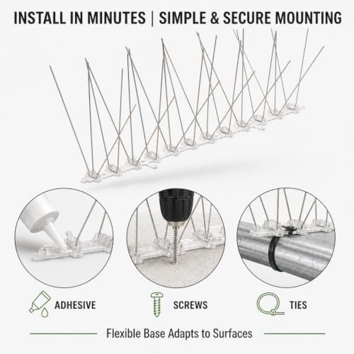Bird-X Stainless Steel Bird Spikes, 8-inch Extra-Wide Spikes, Bird Spikes for Pigeons and Other Small Birds, Easy to Install, Contains 2 ft. Strips, Covers 10 Linear Feet Area, EWS-10
