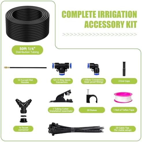50FT 360° Adjustable Drip Irrigation System Garden Watering System with 12 Nozzles Plant Watering Devices Misting System Greenhouse Accessories for Yard, Lawn