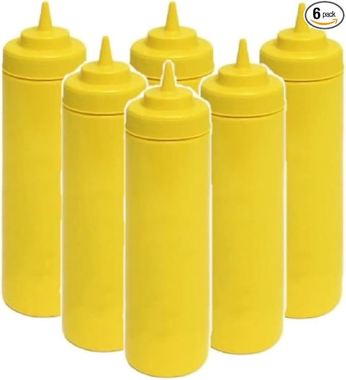 TrueCraftware- 24 oz Yellow Squeeze Condiment Wide Mouth Dispensing Bottles Set of 6- Plastic Squeeze Bottle For Sauces Spreads Ketchup Mustard Mayo Hot sauces and Olive oil