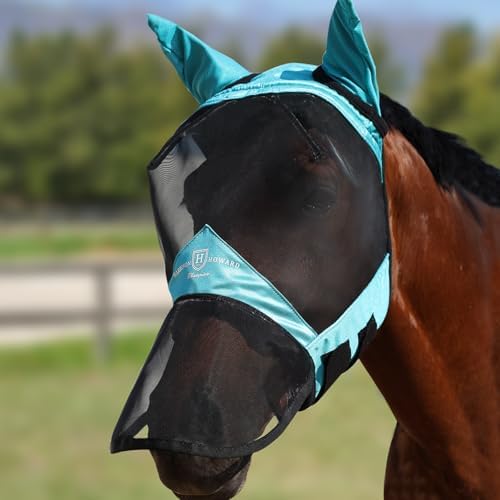 Harrison Howard Pro Luminous Horse Full Face Fly Mask Large Eye Space Long Nose with Ears UV Protection for Horse Teal M