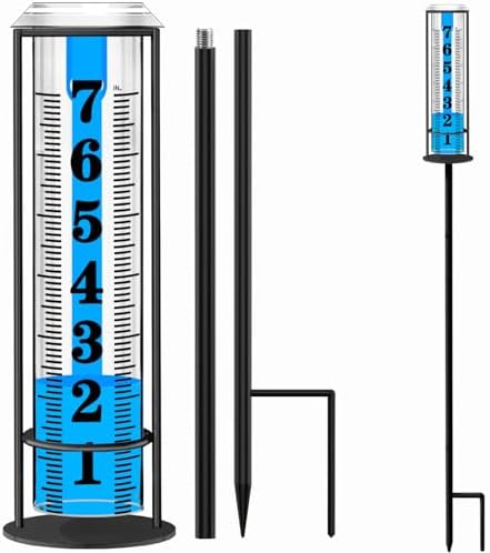 Rain Gauge Outdoor,Accurate Rain Gauges Outdoors Best Rated,Upgraded Freeze Proof Rain Measure Gauge for Yard Fence,Rain Meter with Stake,Large Font Water Gauge for Rain,Adjustable Height,Easy to Read