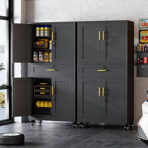 GAIOUS 74” Tall Metal Garage Storage Cabinet with Wheels and Drawer, Steel File Cabinet for Home Office, Tool Cabinet with 4 Locking Doors and 3 Adjustable Shelves, Rolling Cabinet for Garage-Black