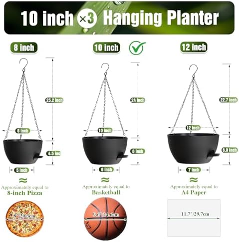 10 Inch Self-Watering Hanging Planters Set of 3 with Saucers