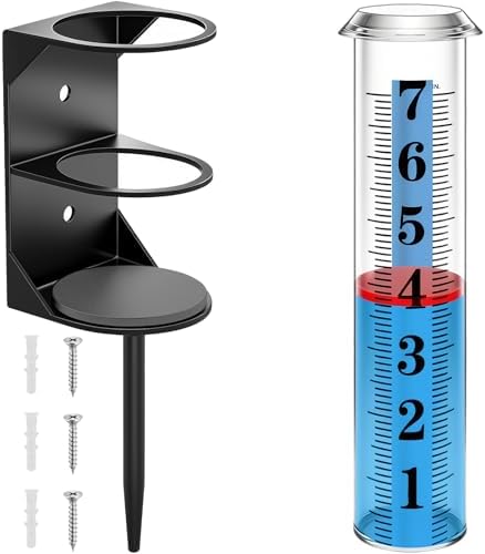 Rain Gauge Outdoor, Accurate Rain Gauges Outdoors Best Rated with Metal Rack Holder, Water Rain Meter with Thickened Plastic Large Font Tube for Yard, Easy to Read with Red Float