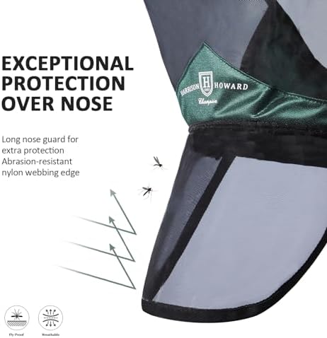 Harrison Howard Pro Luminous Horse Full Face Fly Mask Large Eye Space Long Nose with Ears UV Protection for Horse Hunter Green L