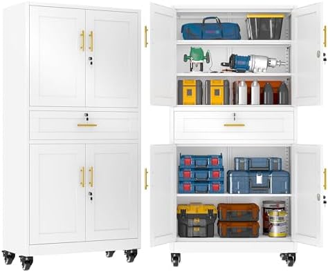 GAIOUS Metal Garage Storage Cabinet with Wheels and Drawer, Steel File Cabinet for Home Office, 74'' Tall Tool Cabinet with 4 Locking Doors and 3 Adjustable Shelves, Rolling Cabinet for Garage - White