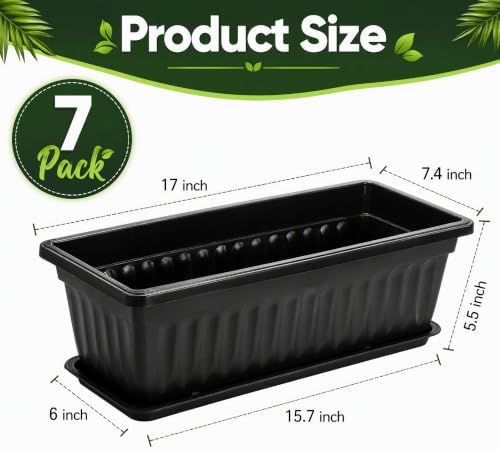 Fasmov 7 Pack 17 Inches Flower Window Box Plastic Vegetable Planters with Trays Vegetables Growing Container Garden Flower Plant Pot with 7 Pcs Plant Labels for Balcony, Patio, Garden, Black