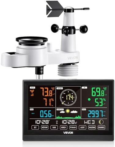 VEVOR 5-in-1 Wireless Weather Station, 7.5-Inch VA Display, Solar Powered Outdoor Sensor, Rain Gauge, Indoor Outdoor for Weather Forecast, Temperature, Humidity, Wind Speed and Direction (No WiFi)
