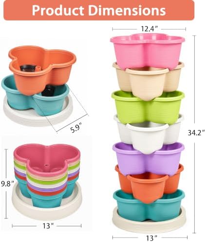 VECELO 7 Tier Vertical Garden Planter, Self Watering Stackable Planters with Wheels for Strawberries, Herbs, Flowers, Vegetables, Multicolor