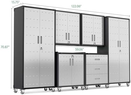 Garage Cabinet System | Heavy Duty Steel All-in-One Modular Garage Cabinet Set for Ultimate Workshop Organization | Easy Assembly Garage Storage Cabinets & Tool Bench