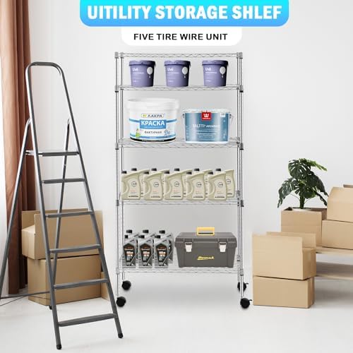 PayLessHere | 5-Tier Wire Shelf with Wheels | 14"x30"x60" | Chrome | Adjustable Racks | Heavy-Duty Storage Shelves, Holds Upto 220 lbs | Rust-Resistant, No-Tool Assembly | for Home, Garage Shelving