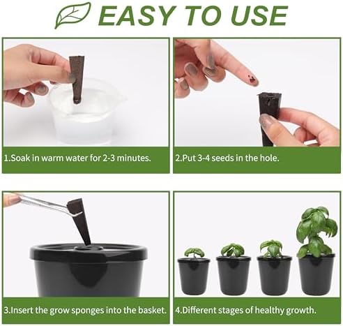 Kratky Method Hydroponic Planter Kit, 8 Hydroponic Planter Plus 24 Growing Sponges for Herbs, Hydroponic Mini Buckets for Windowsill Herb Garden, Hydroponic Growing System for Vegetables (Black)