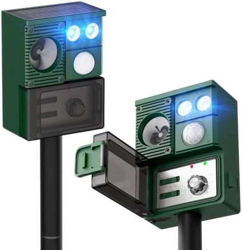 2-Pack Solar Animal Repeller Outdoor, Motion Activated Yard Guard Ultrasonic Deer Repellent Devices for Rabbits, Raccoons & Squirrels, Flashing Light & IP44 Waterproof Garden Animal Control