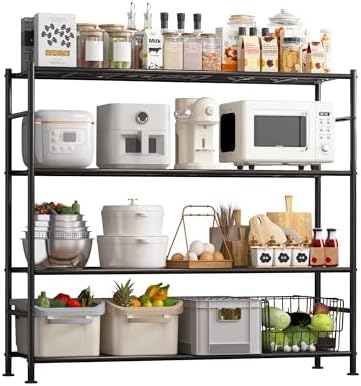 Sakugi Storage Shelves - 4 Tier Shelf Organizer, Heavy Duty Garage Shelving Unit with Leveling Feet, Stable Metal Shelves Organizer for Pantry, Kitchen and Closet, 46.3" W x 12.6" D x 46.6" H, Black