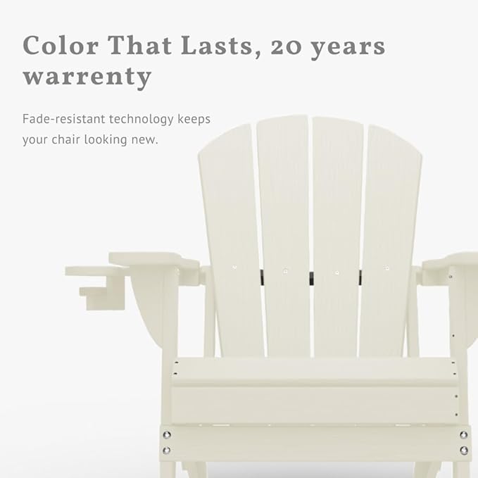 Folding Adirondack Chair with Cup Holders, HDPE Plastic Outdoor Chairs, Weather Resistant, Real Wood Look for Patio, Deck, Fire Pit, Backyard, White