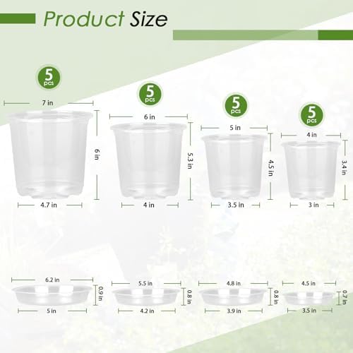 FUIJOL 4/5/6/7 Inch Clear Nursery Pots for Plants with Sacuers 60 Pack, Plastic Flower Pots with Drainage Holes, Variety Pack Seedlings Garden Pot for Indoor Outdoor (4+5+6+7 inch)