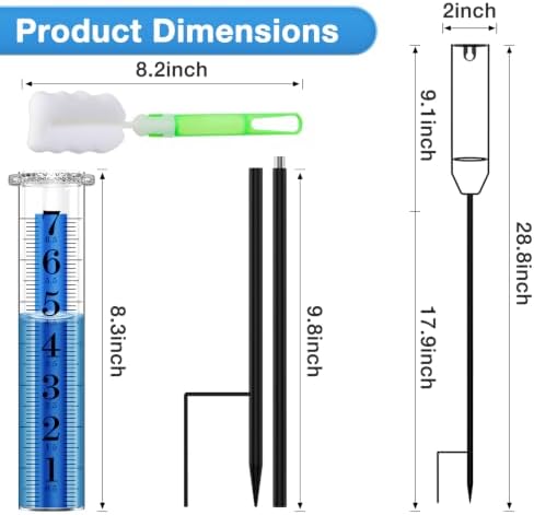 BoArt Rain Gauge, 7" Freeze-Proof Thickened Transparent Plastic Rain Gauge Outdoor, Large Clear Numbers and Adjustable Height Rain Measuring Tool for Garden, Lawn, Patio, and Farm Use