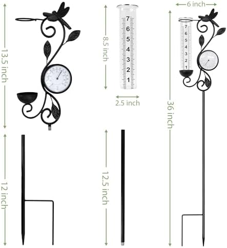 Dragonfly Rain Gauge Garden Decor, 32" Thermometer Patio Decor, 7" Capacity Rain Gauge Replacement Tube Glass, Outdoor Temperature Patio Decor