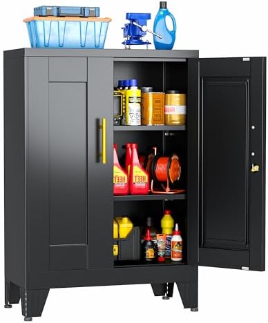 Small Metal Storage Cabinet, Lockable Tool Cabinet with Doors and 2 Shelves