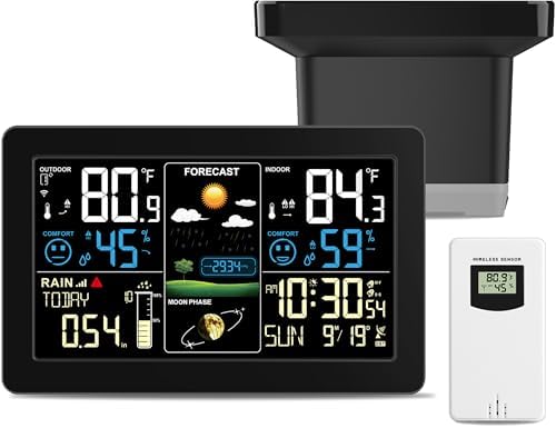 BIUWING Weather Station with Rain Gauge Outdoor, Home Weather Stations Wireless Indoor Outdoor with Digital Rain Gauges, Thermometer, Barometer, Hygrometer, Atomic Clock, Weather Forecast and Alerts