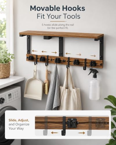 Broom and Mop Holder Wall Mount, 27" Large Organizer with Wood Shelf