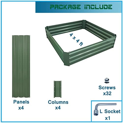 4x4x1ft Green Metal Raised Garden Bed Kit, Galvanized Outdoor Planter Box for Vegetables, Flowers, Herbs, and Succulents,120 Gallon Capacity