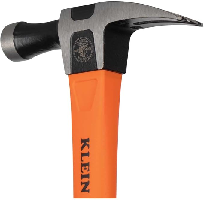 Klein Tools H80718 Straight-Claw Hammer with Smooth Head, 18-Ounce, Fiberglass Non-Slip Shock Absorbing Grip Handle with Tether Hole, 15-Inch