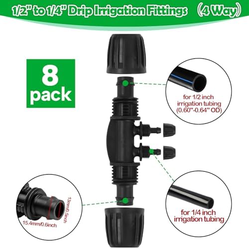 1/2 Inch To 1/4 Drip Irrigation Fittings - 8 Pack Drip Line Irrigation 1/2'' to 1/4'' Barbed Tee Adapter Anti-Drop Lock Nut Barbed Reducer 4 Way Connectors for Drip Irrigation System
