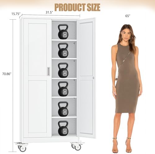 75" H Metal Pantry Storage Locker Cabinet with Wheels,Rolling Kitchen Pantry Cabinet with 2 Doors and 5 Adjustable Shelves, Lockable Steel Garage Tool Cabinet Organization for Home,Gym,School,White