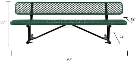 Global Industrial 8'L Heavy Duty Expanded Metal Mesh Bench with Backrest with Steel Frame, Portable Outdoor Bench, 1000 lbs Capacity, Green, 96" L x 24" W x 33" H