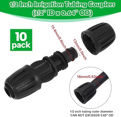 10 Pack 1/2 Inch Drip Irrigation Coupling Fittings (1/2" ID x 0.65" OD) - 1/2'' Drip Line Anti-Drop Barbed Lock Nut Coupler Connectors for 1/2 Inch Drip Irrigation Tubing Irrigation System