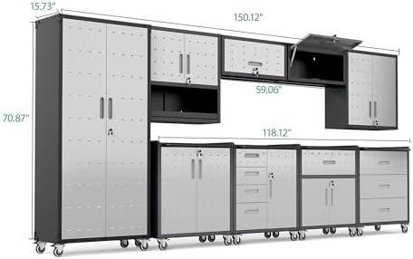 9-Piece Heavy Duty Steel Garage Cabinet System | All-in-One Modular Garage Cabinet Set for Ultimate Workshop Organization | Easy Assembly Garage Storage Cabinets & Tool Bench