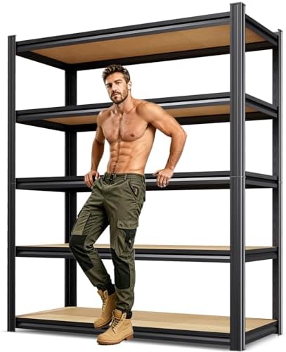 71.2" H Storage Shelves, 5 Tier Adjustable Wood Garage Shelving, Utility Tall Metal Shelving Unit, Easy to Install Standing Garage Storage for Warehouse,Bedroom,Basement,45.6" WX17.7 DX71.2 H