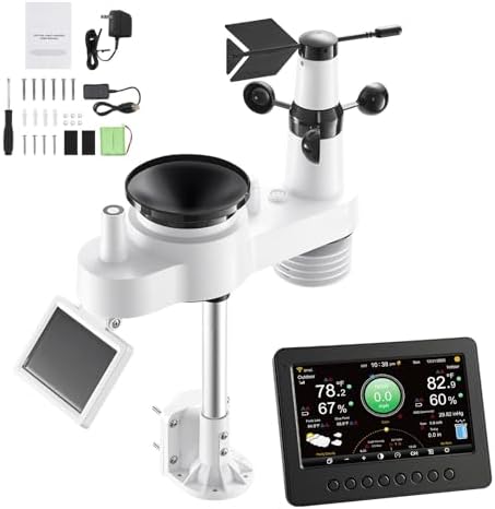 VEVOR 7-in-1 Wi-Fi Weather Station, 7-Inch TFT Display, Wireless Solar Powered Outdoor Sensor, Rain Gauge, Indoor Outdoor for Weather Forecast, Wind Speed Direction, Temperature, Humidity, Rainfall