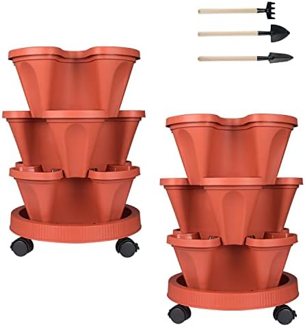 GameXcel Vertical Planter Tower - 3 Tier Stackable Garden Planters with Wheels and Tools Plant Pots for Strawberry Herb Flower and Vegetable Indoor Outdoor Use Red 2 Pack