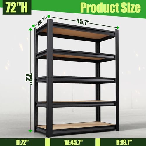 Garage Shelving,Heavy Duty Garage Storage Shelves,Metal Shelving Unit,5 Tier Adjustable Steel Utility Shelf,Use for Basement,Warehouse, Pantry Closet,Black (72" H*46" W*19.7" D)