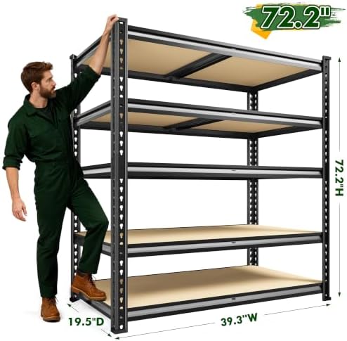 72.2" H Garage Shelves 39.3" W x 19.5" D Storage Shelf, 5 Tier Adjustable Metal Shelf, Heavy Duty Shelving for Storage, Basement, Warehouse, Pantry, Shed, 2230LBS, Black