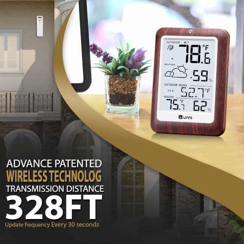 Indoor Outdoor Thermometer Wireless Weather Station, Temperature Humidity Monitor Battery Powered Inside Outside Thermometers with 330ft Range Remote Sensor and Backlight Display（Dark Wood）