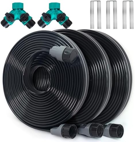 Sprinkler Hose with Holes 75 Ft (25 ft 3pack), Flat Soaker Hose 75 ft with Garden Staples and Splitters, Drip Line Irrigation Hoses for Lawn, Vegetable Watering Hose (75 ft)