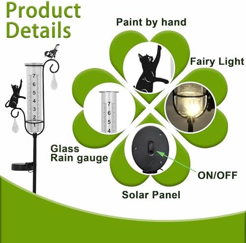 33" Solar Garden Rain Gauge - 7" Glass Tube for Outdoor Indoor Use, Patio Yard Decor Statue,Metal Cat & Bird Rain Gauge.